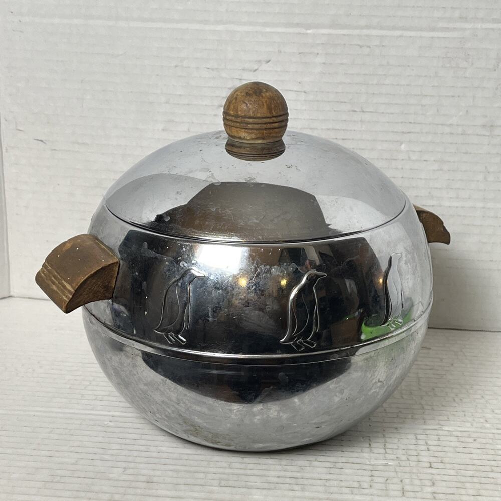 Vintage MCM West Bend Penguin HOT COLD SERVER ICE BUCKET Insulated Bowl Lid 8.5”
